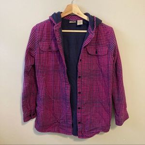 Llbean Pink Purple Plaid Fleece Lined Button Down Shacket with Hood Size XL